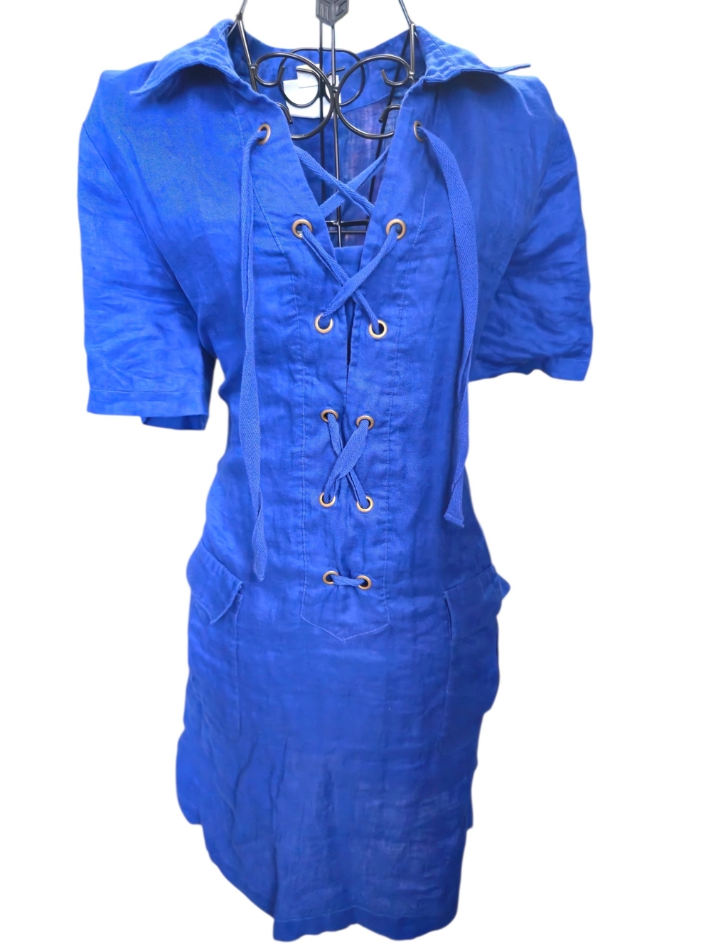 Blue Lace-Up Short Sleeve Linen Dress